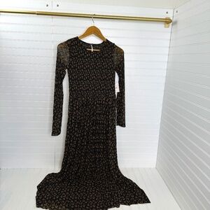 NEW Free People XS Black Combo Dress Long Sleeve Hello and Goodbye Midi